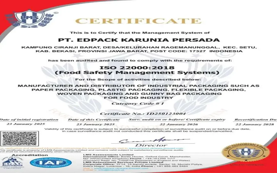Sertifikasi ISO 22000 : 2018 Edpack Karunia Persada