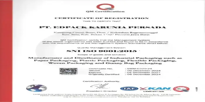 Sertifikat mutu ISO 9001 Tahun 2015.