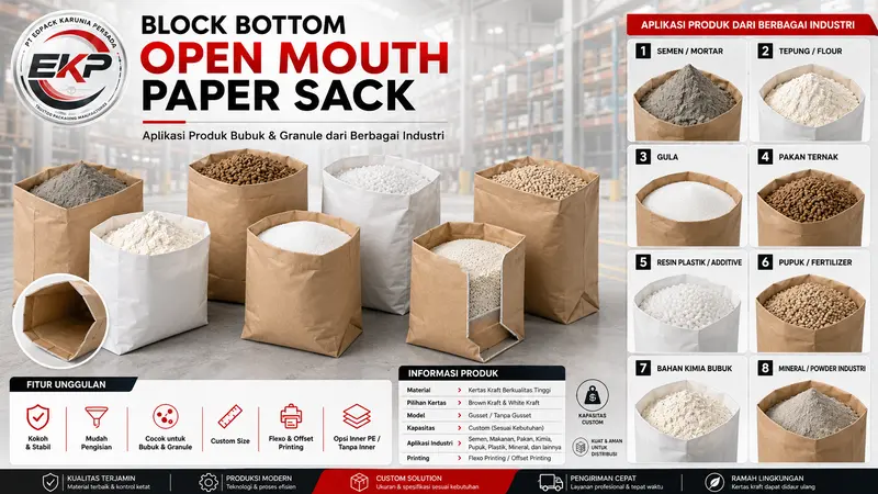 Paper sack untuk produk granul, Block bottom open mouth paper sack granule , powder