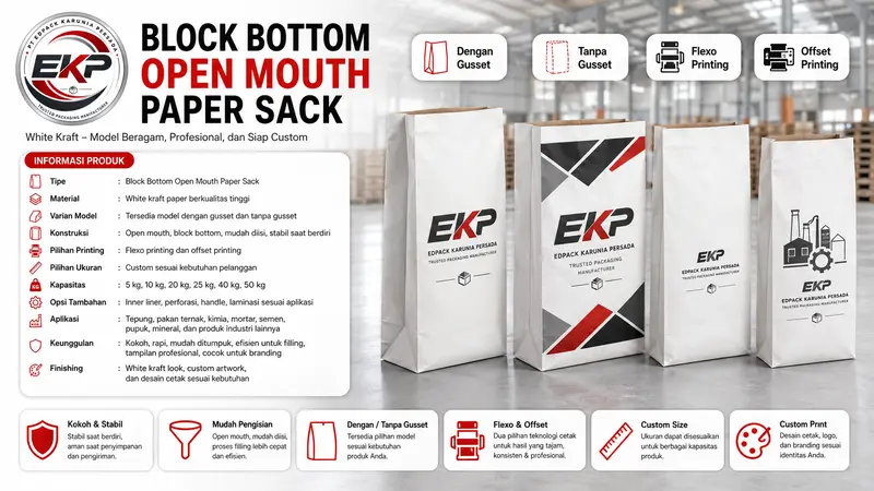 Block Bottom Open Mouth Paper Sack: Kemasan Industri yang Kuat, Stabil, dan Efisien 2 Block bottom open mouth paper sack, Kemasan bubuk dan granul