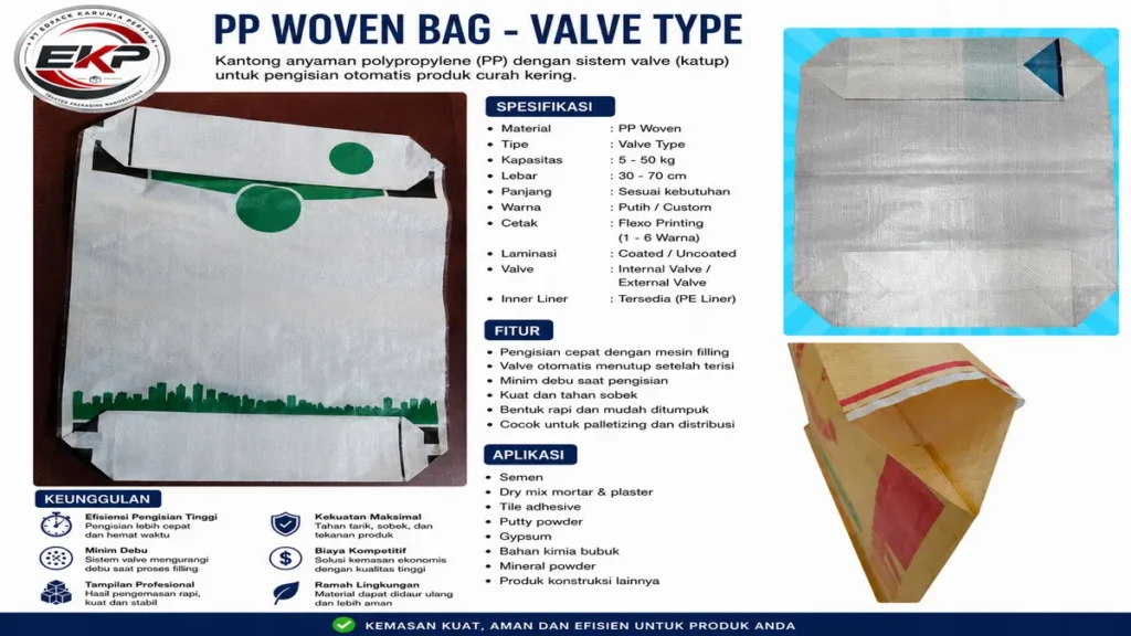 PP Woven Bag sebagai Kemasan Bahan Bangunan dan Chemical 2 Valve type PP Woven Bag.