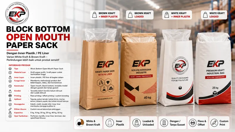 Block Bottom Open Mouth Paper Sack: Kemasan Industri yang Kuat, Stabil, dan Efisien 3 Kantong kertas industri, White and Brown block bottom open mouth paper sack